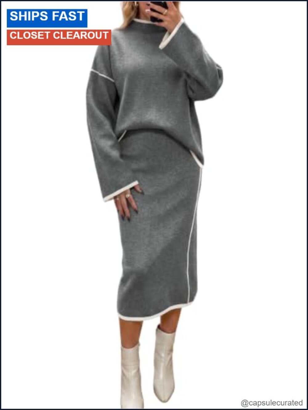 Women 2 Piece Knit Mock Neck Sweater and Midi Skirt Set